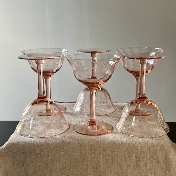 SOLD OUT Vintage Floral Etched Fluted Pink Coupe Glasses